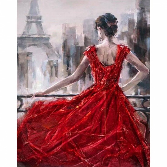 Canvas Pariste Kırmızı Kadın Boyama Seti Kasnaklı