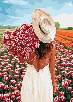 Canvas Şapkalı Çiçek Toplayan Kız Sayılarla Boyama SetiKasnaklı